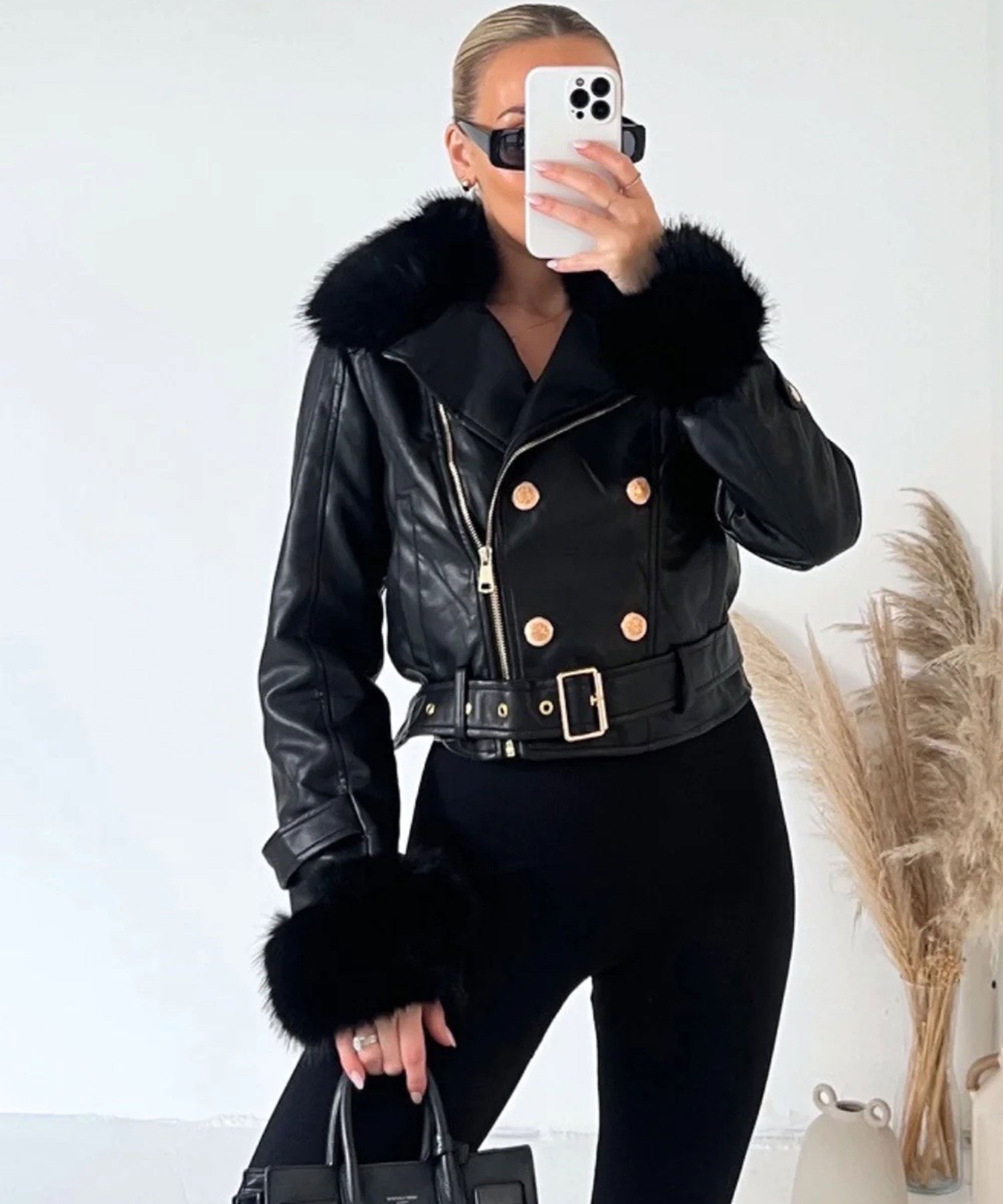 Lederjacke mit Kunstfell Kary Schwarz