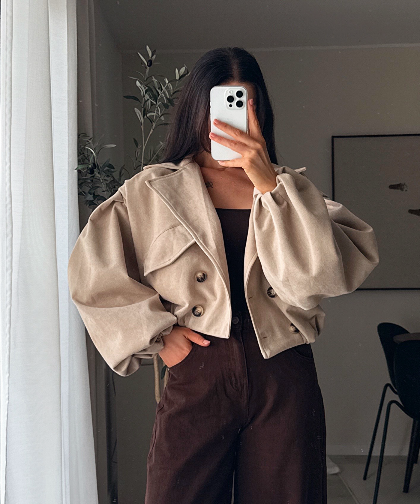 Wildleder Crop Trenchcoat Henna Beige
