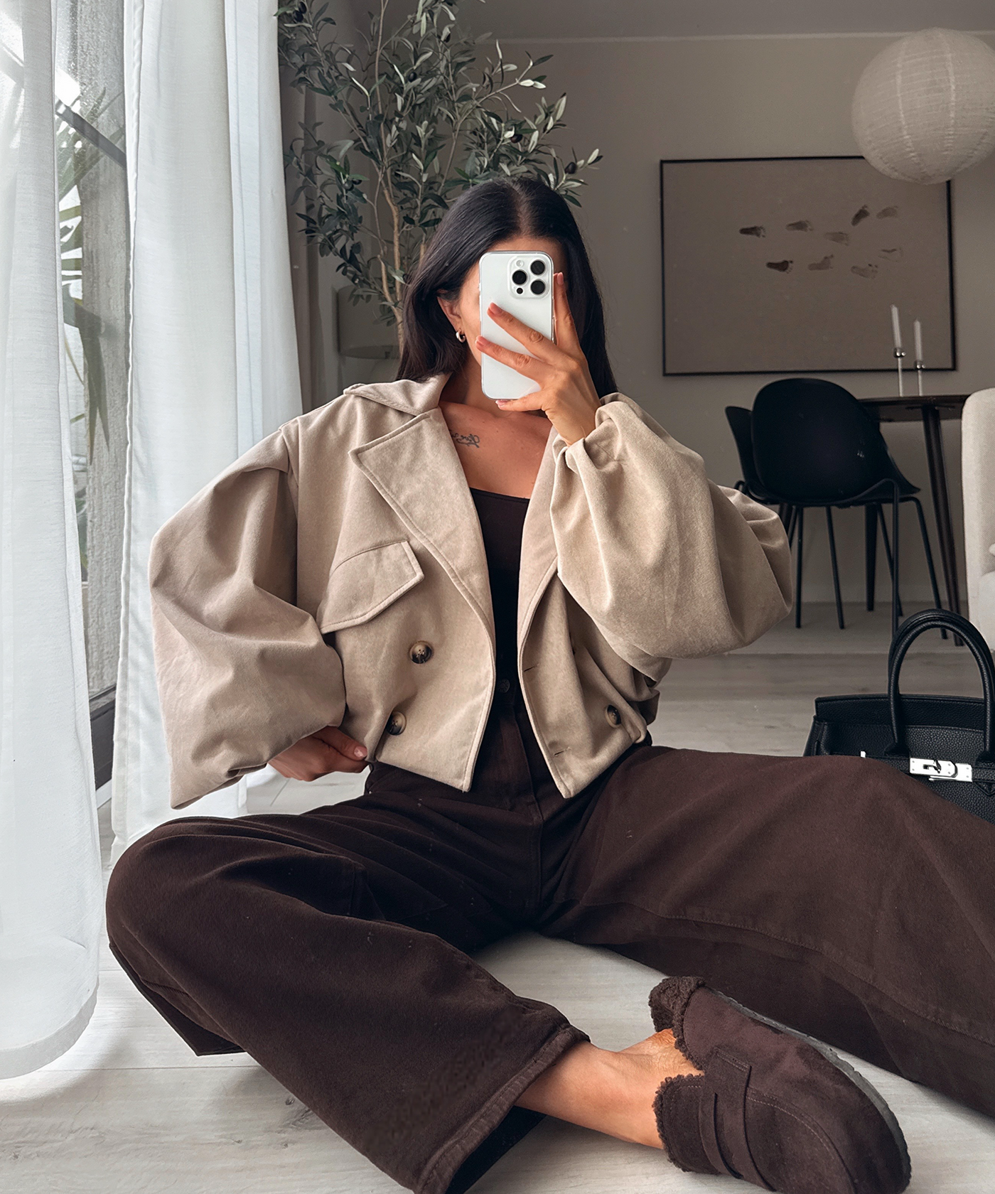 Wildleder Crop Trenchcoat Henna Beige