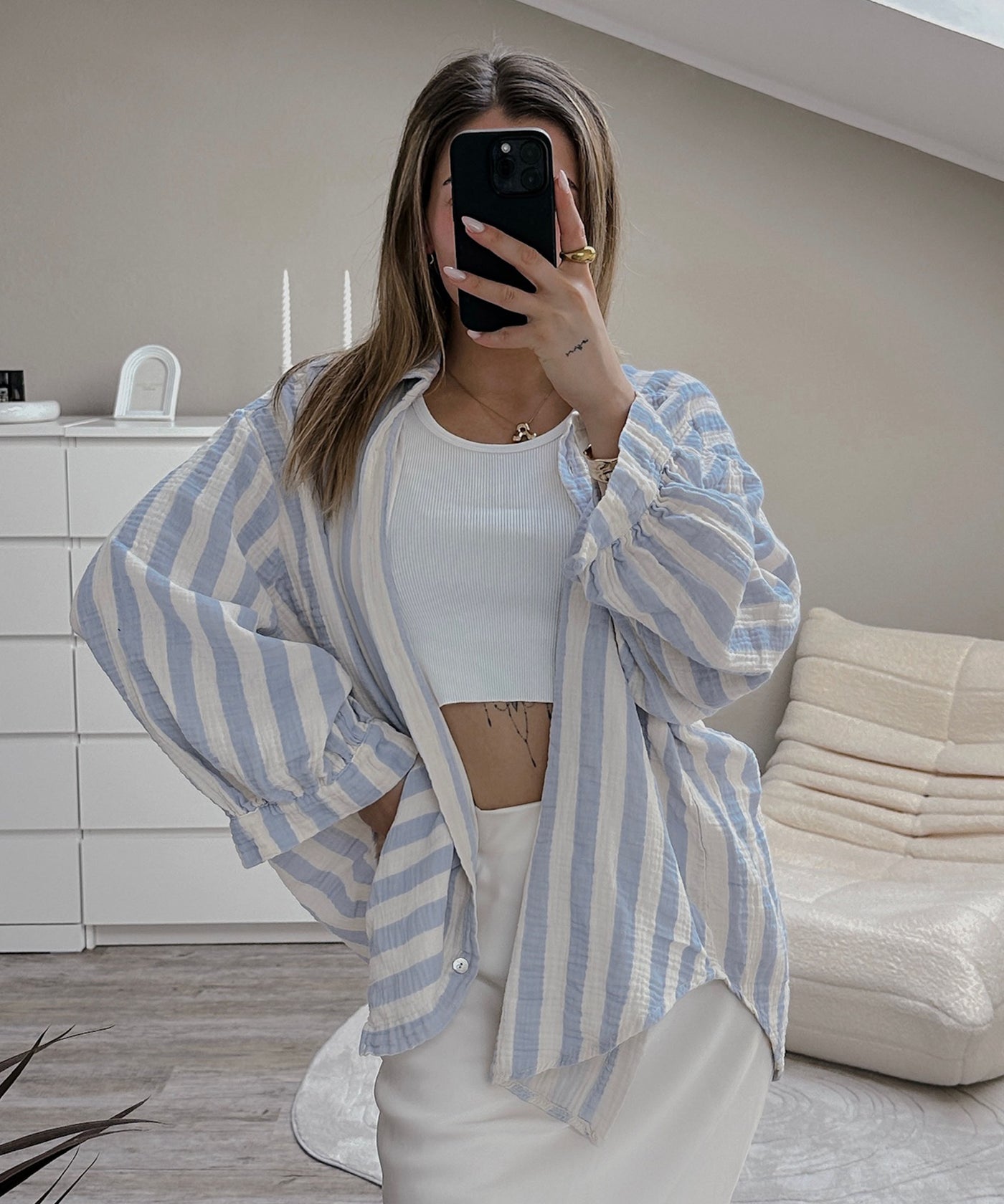 Musselin Bluse Farrah Streifen Hellblau Ladypolitan ♡