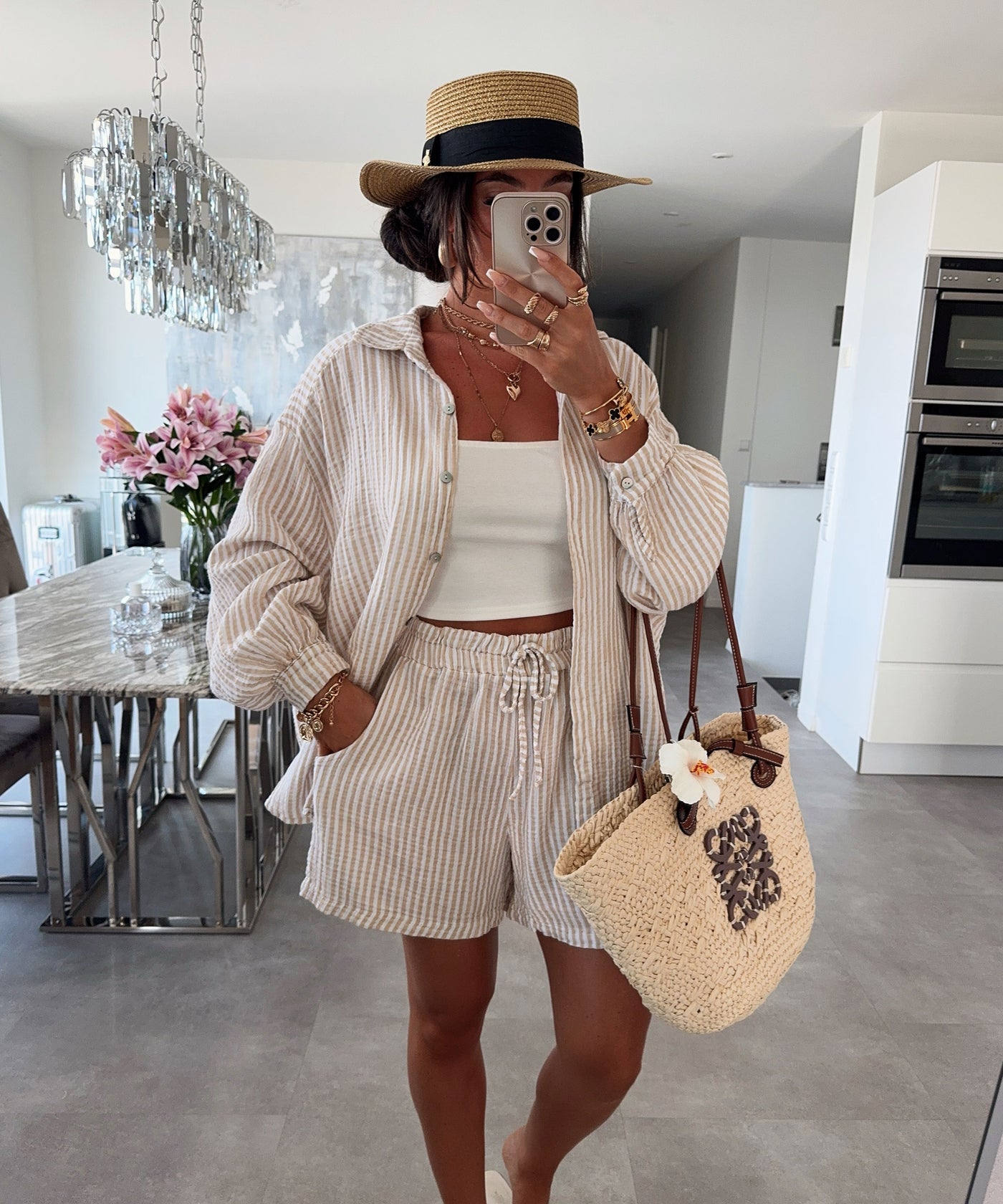 Musselin Bluse Laya Streifen Beige Ladypolitan ♡