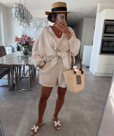Musselin Bluse Laya Streifen Beige Ladypolitan ♡