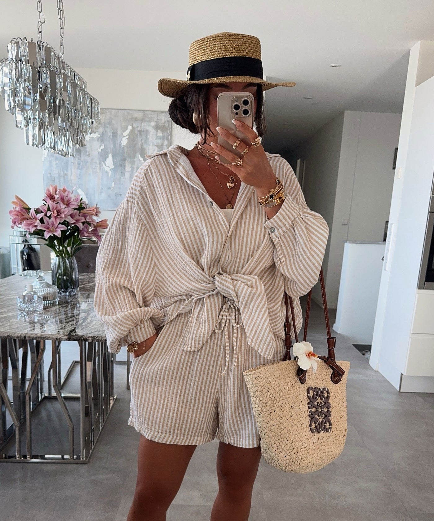 Musselin Bluse Laya Streifen Beige Ladypolitan ♡