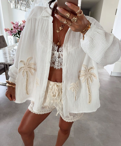 Musselin Bluse Palme Lune Weiß Ladypolitan ♡