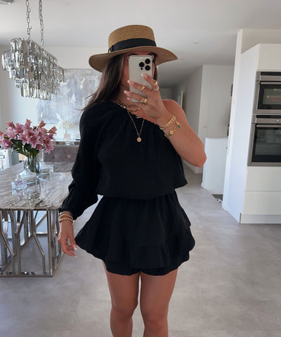 Musselin Jumpsuit Juan One Shoulder Schwarz  Ladypolitan ♡   