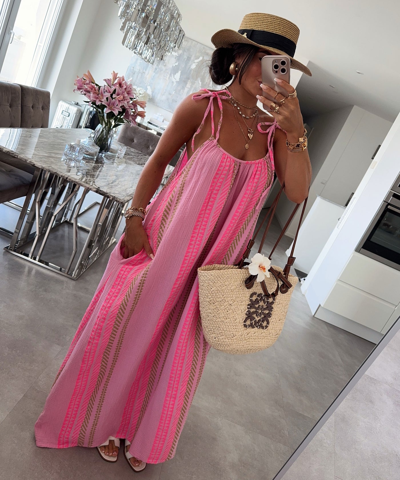 Musselin Maxi Kleid Riri Muster Rosa Ladypolitan ♡