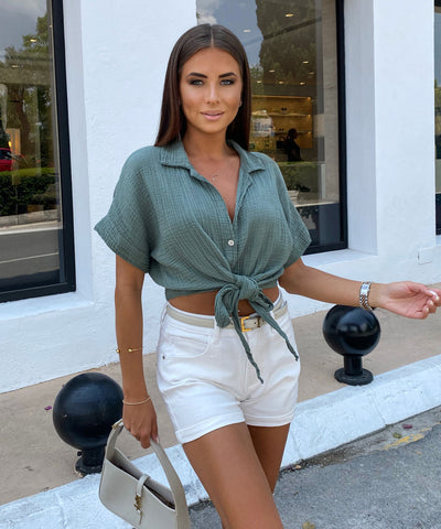 Musselin T-Shirt Knoten Khaki  Ladypolitan ♡   