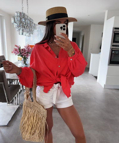 Oversize Musselin Bluse Freya Koralle Kurz  Ladypolitan - Fashion Onlineshop für Damen   