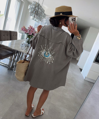 Ultra Oversize Musselin Bluse Glitzer Auge Taupe Ladypolitan ♡