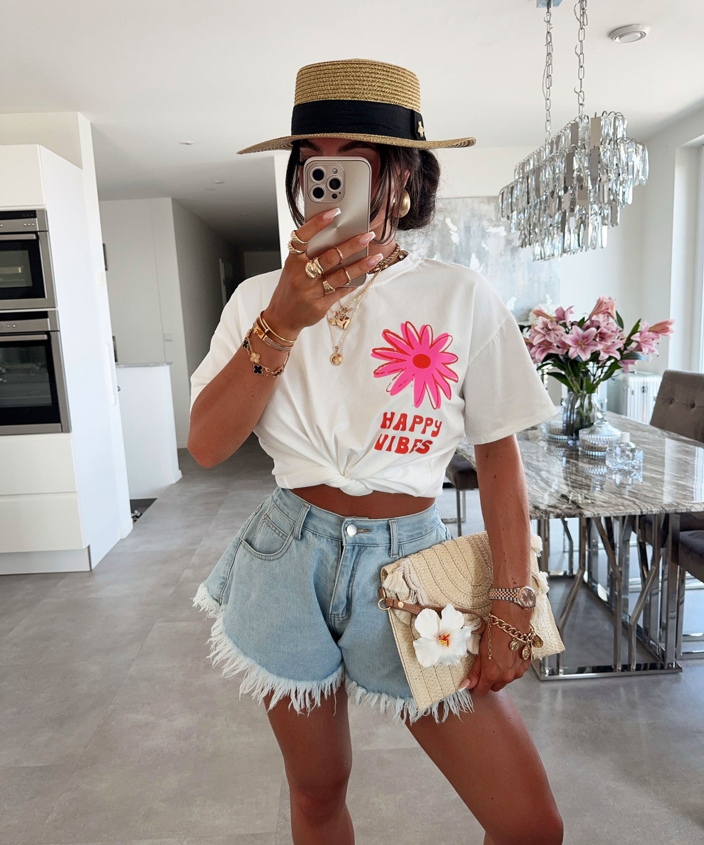 T-Shirt Happy Vibes Vintage Weiß Ladypolitan ♡