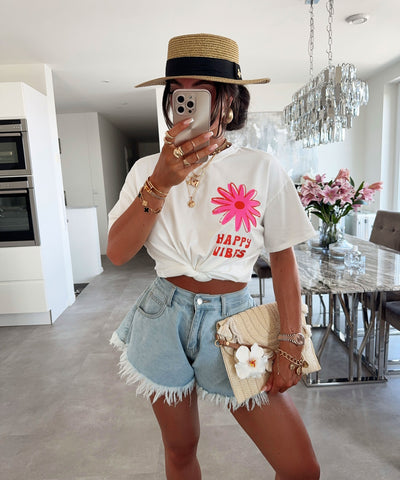 T-Shirt Happy Vibes Vintage Weiß Ladypolitan ♡