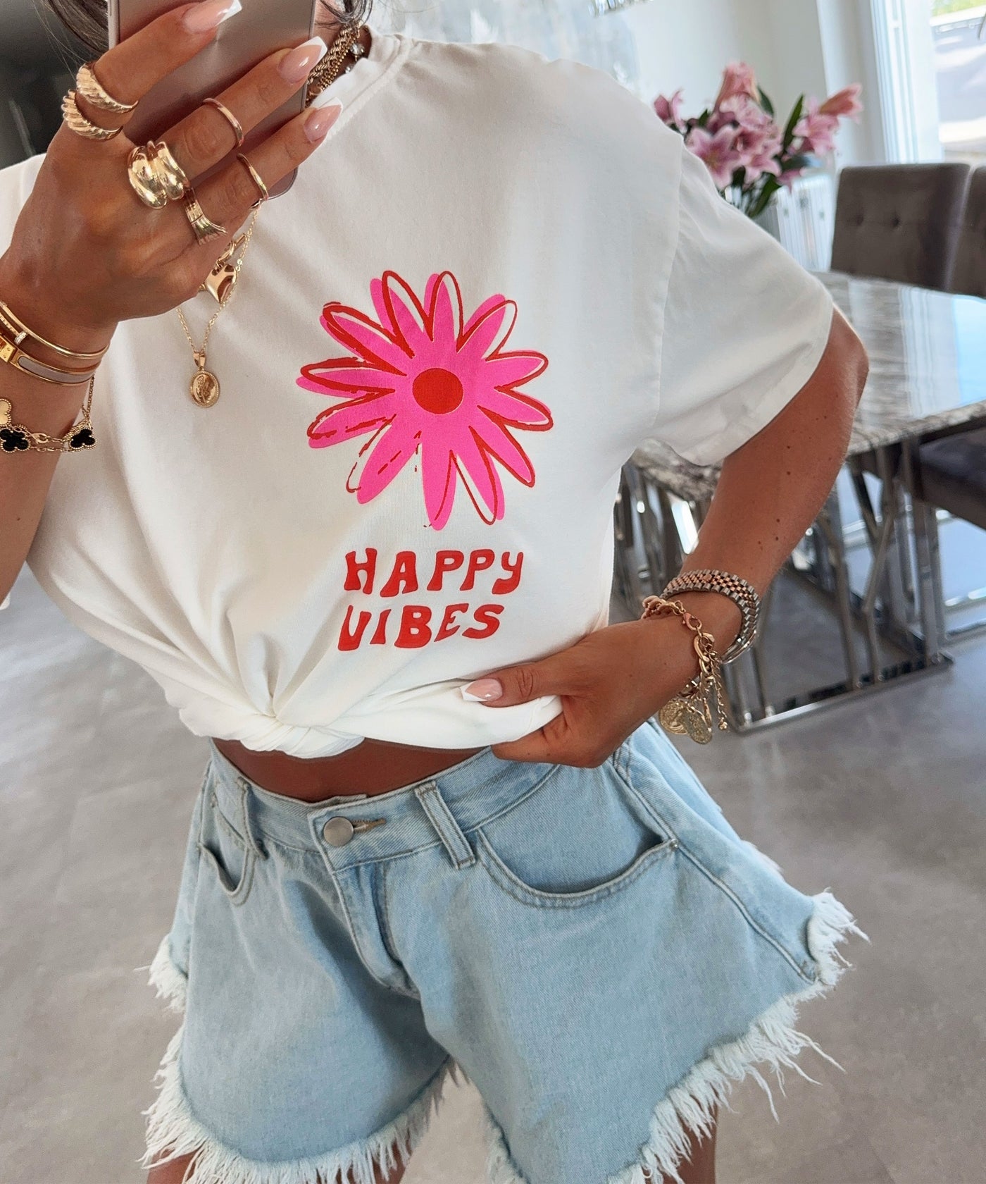 T-Shirt Happy Vibes Vintage Weiß Ladypolitan ♡