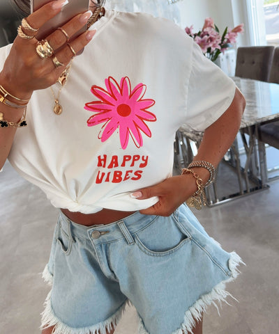 T-Shirt Happy Vibes Vintage Weiß Ladypolitan ♡