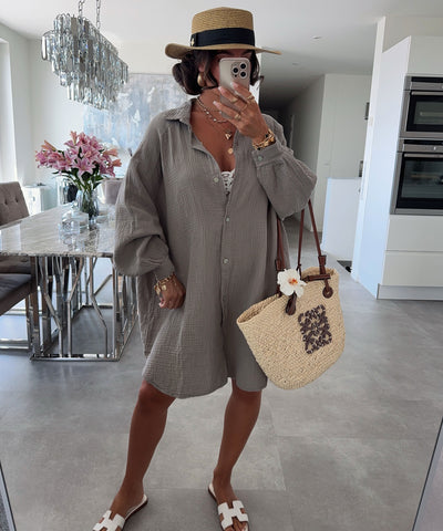 Ultra Oversize Musselin Bluse Glitzer Auge Taupe Ladypolitan ♡