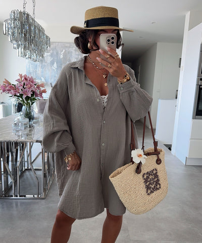 Ultra Oversize Musselin Bluse Glitzer Auge Taupe Ladypolitan ♡