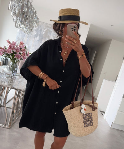 Ultra Oversize Musselin Bluse Kurzarm Nina Schwarz Ladypolitan ♡