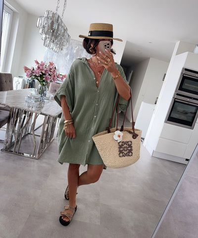 Ultra Oversize Musselin Bluse Kurzarm Nina Khaki Ladypolitan ♡