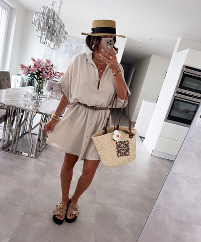 Ultra Oversize Musselin Bluse Kurzarm Nina Beige Ladypolitan ♡