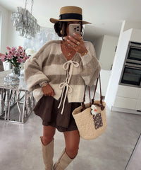 Cardigan Schleife Fia Streifen Beige Taupe