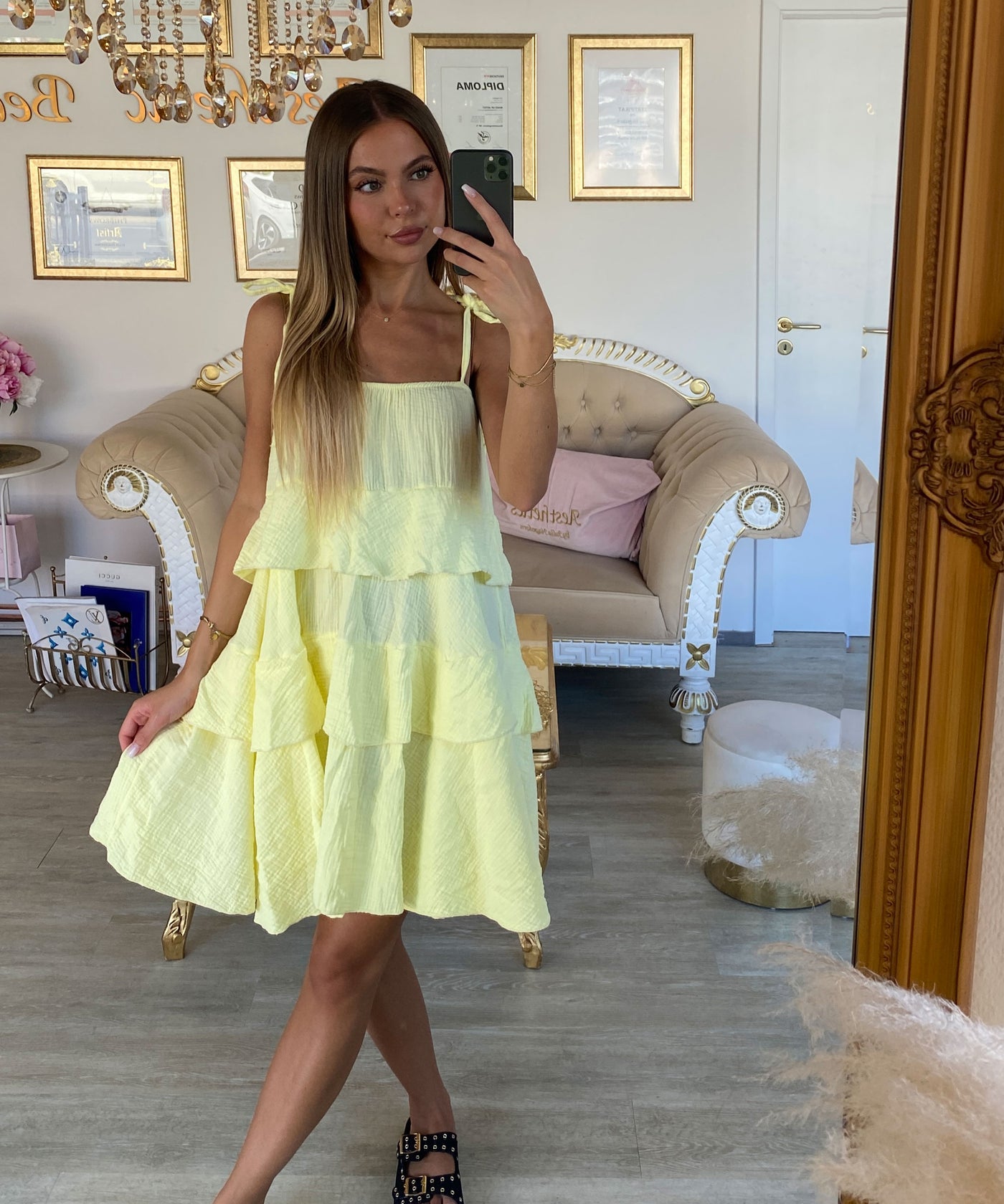 Musselin Kleid Aradi Gelb Ladypolitan ♡