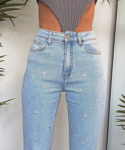 Stretch Mum Jeans Flower Hellblau  Ladypolitan ♡   