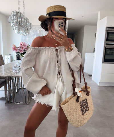 Schulterfreie Musselin Bluse Pita Beige Ladypolitan ♡
