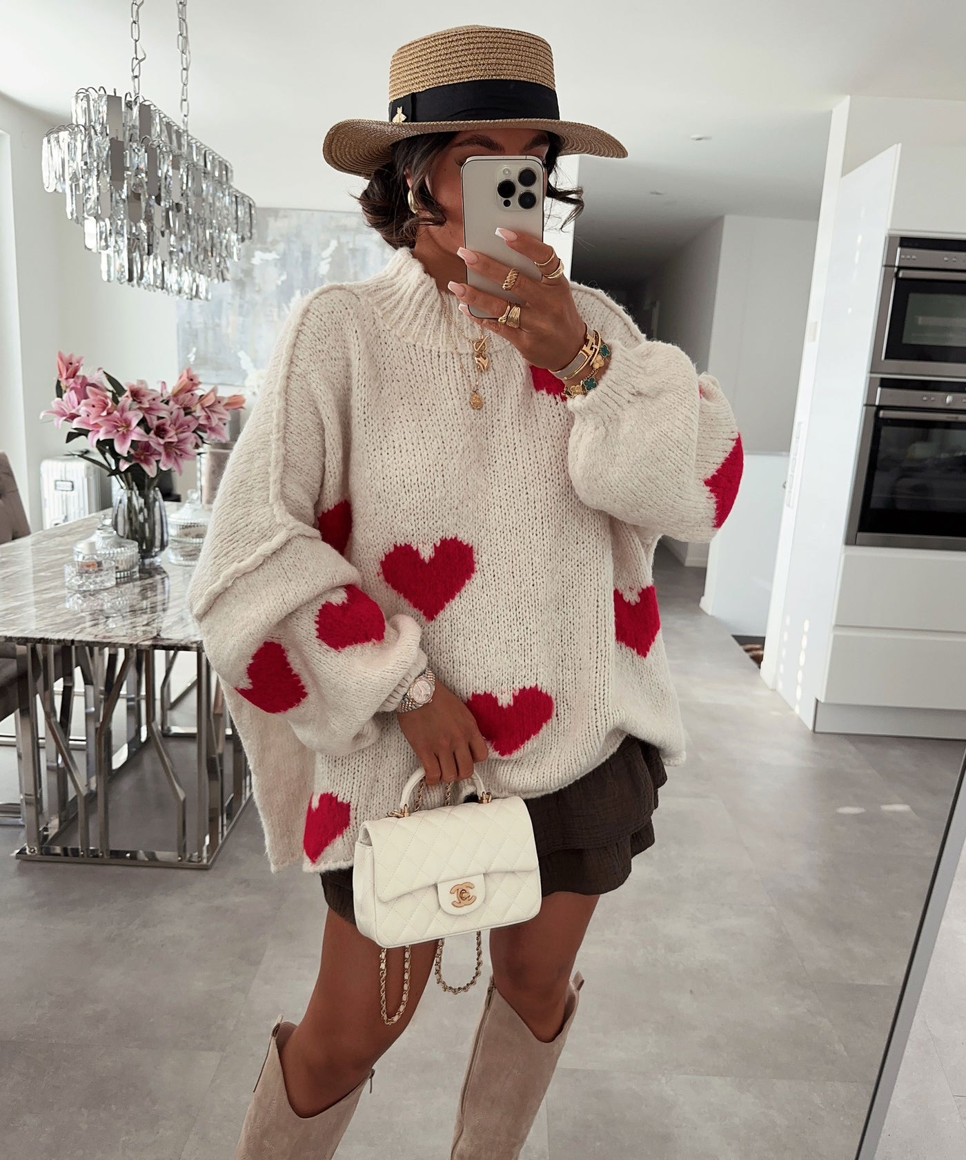 Oversize Pullover Nata Herz Beige Rot Ladypolitan ♡