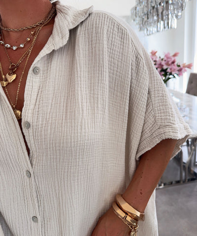 Ultra Oversize Musselin Bluse Kurzarm Nina Beige Ladypolitan ♡