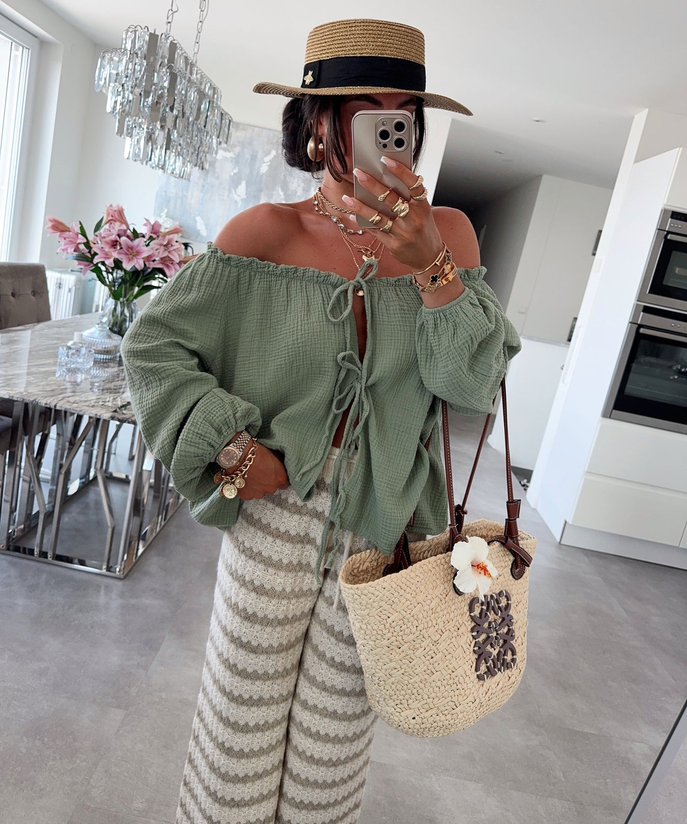 Schulterfreie Musselin Bluse Pita Khaki Ladypolitan ♡