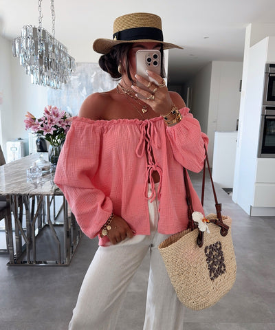 Schulterfreie Musselin Bluse Pita Peach Ladypolitan ♡