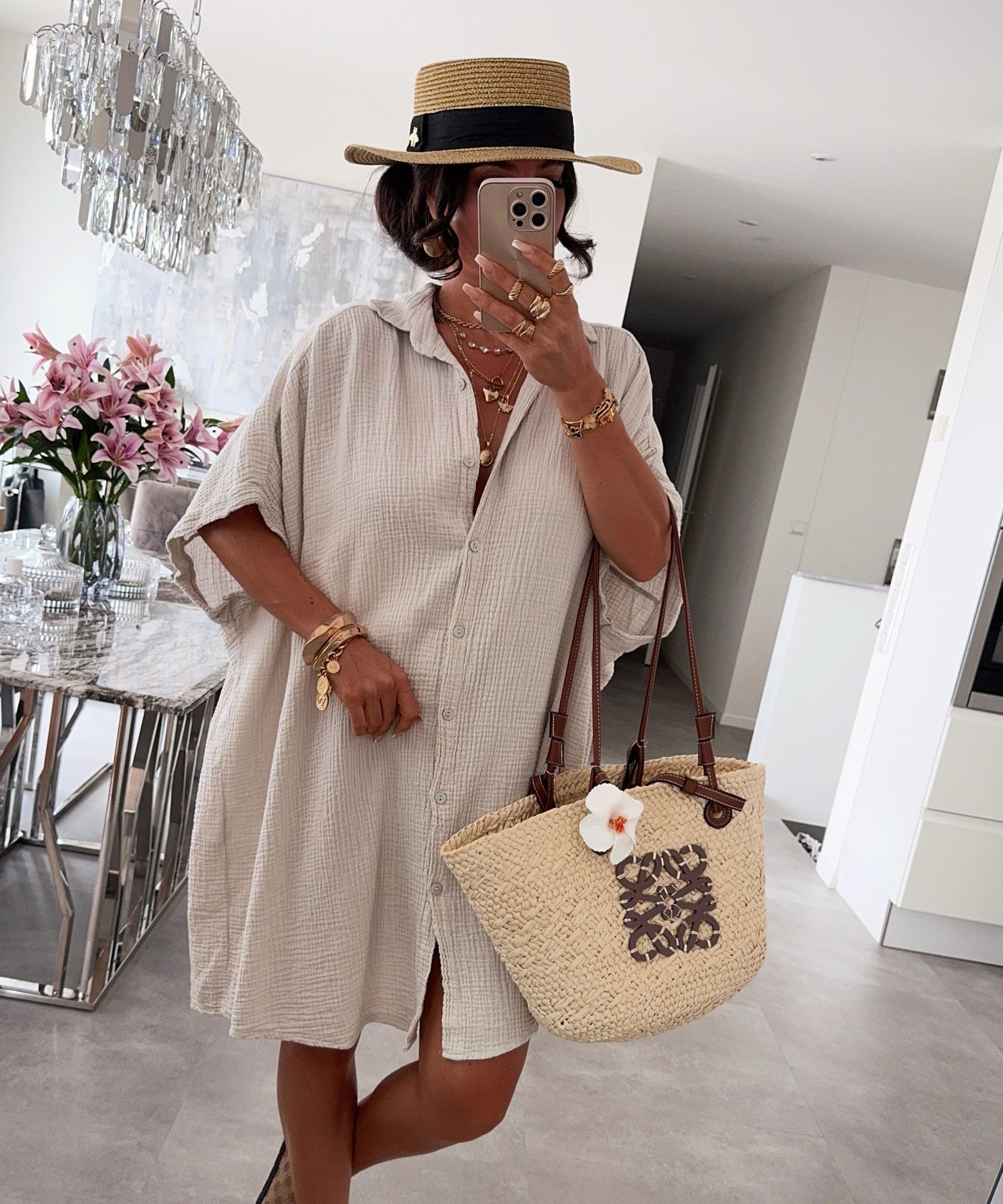 Ultra Oversize Musselin Bluse Kurzarm Nina Beige Ladypolitan ♡
