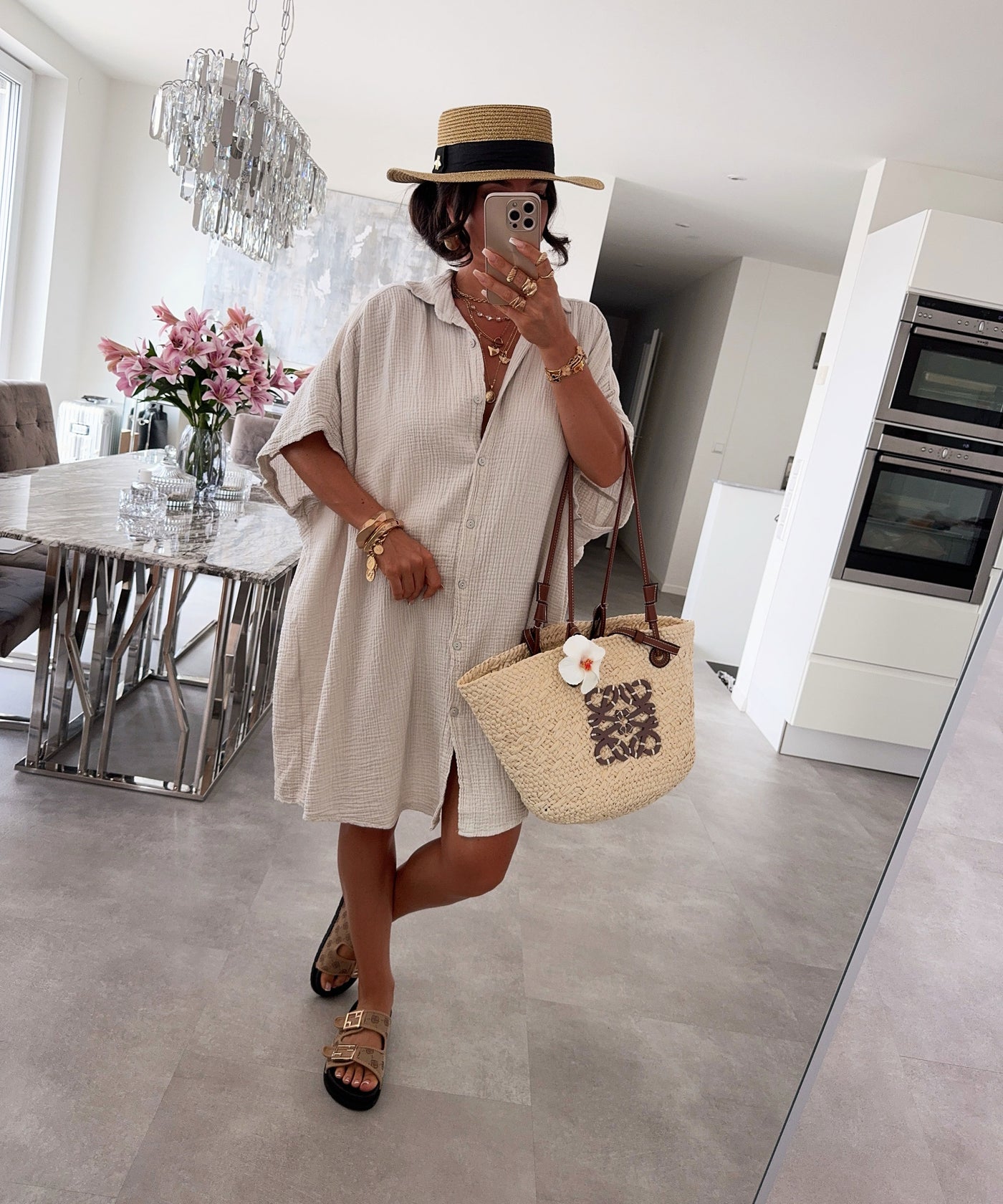 Ultra Oversize Musselin Bluse Kurzarm Nina Beige Ladypolitan ♡
