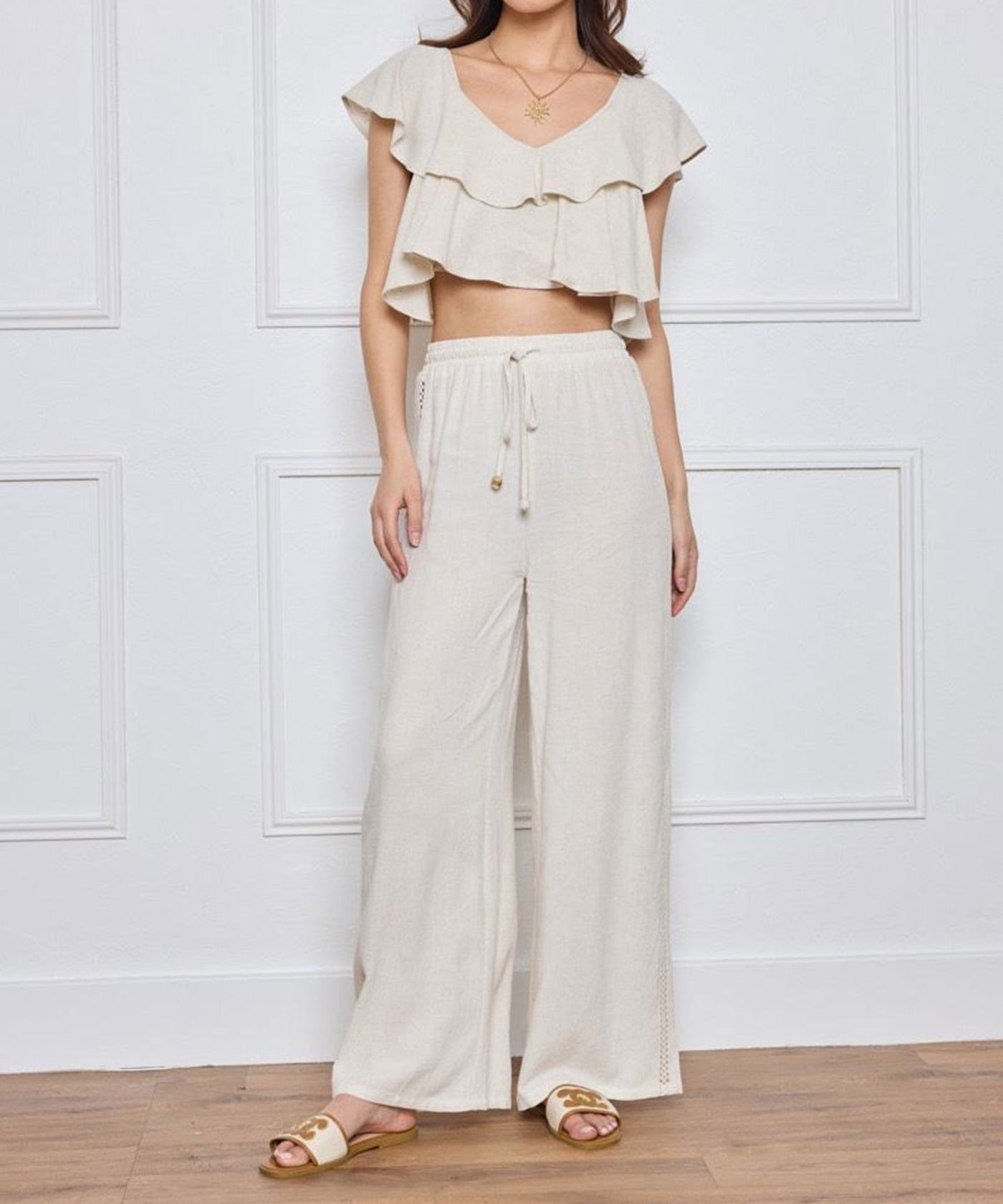 Leinenhose mit Spitze Beige Ladypolitan ♡