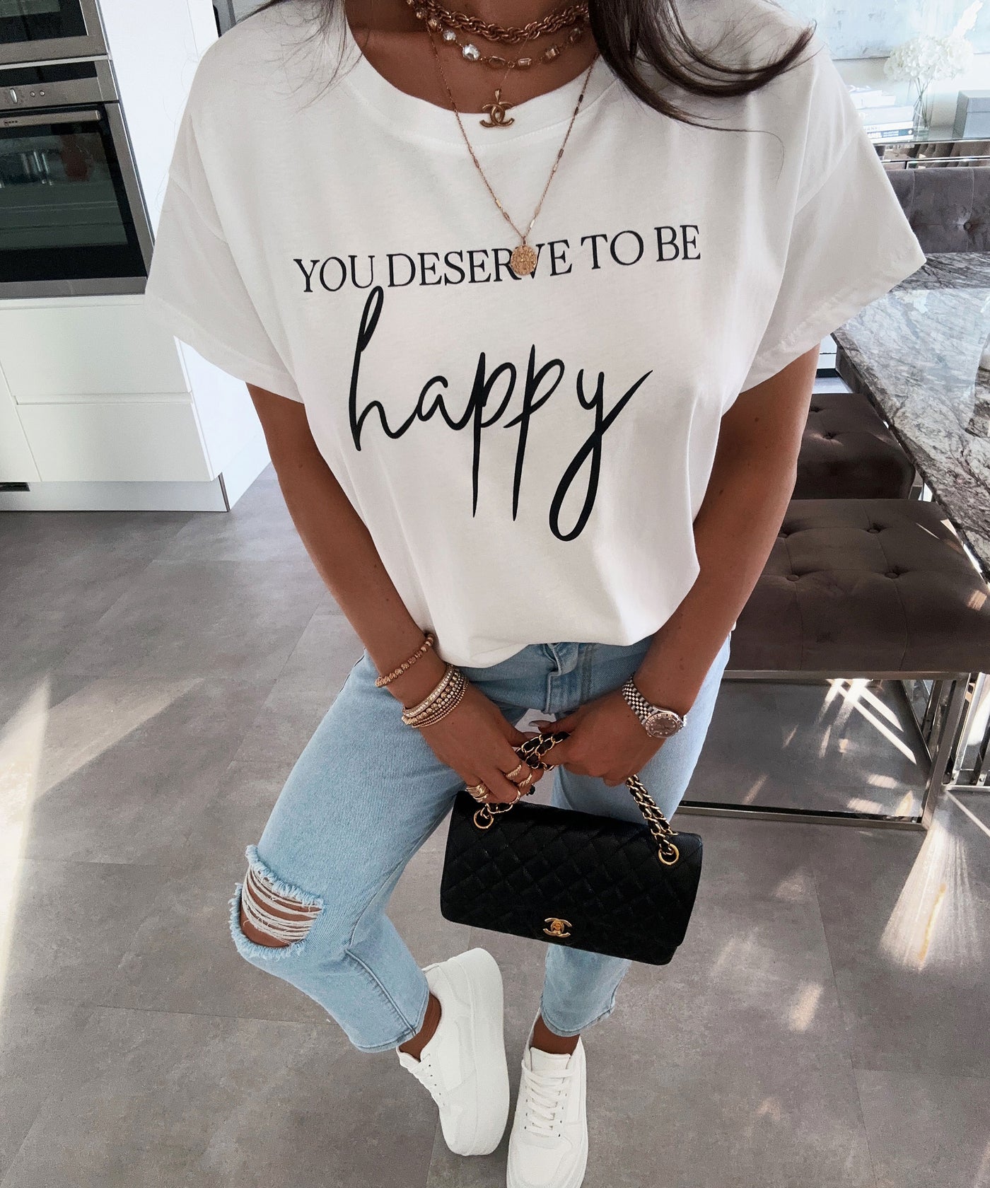 Print T-Shirt Happy Weiß