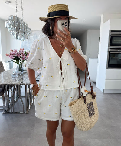 Musselin Shorts Zitrone Ila Weiß Ladypolitan ♡
