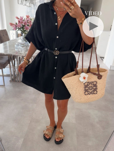 Ultra Oversize Musselin Bluse Kurzarm Nina Schwarz Ladypolitan ♡