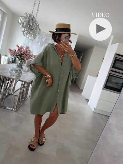 Ultra Oversize Musselin Bluse Kurzarm Nina Khaki Ladypolitan ♡