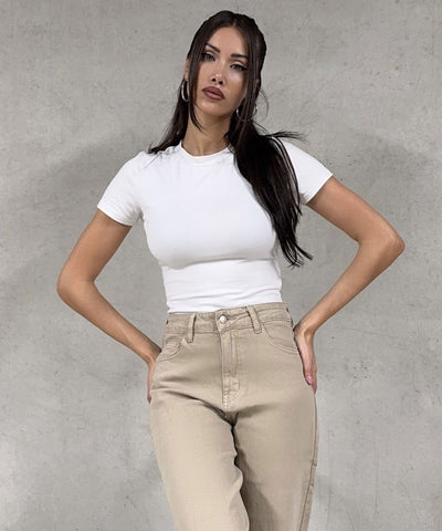 Stretch Wide Leg Jeans Mira Beige Ladypolitan ♡