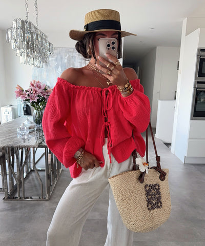 Schulterfreie Musselin Bluse Pita Koralle Ladypolitan ♡
