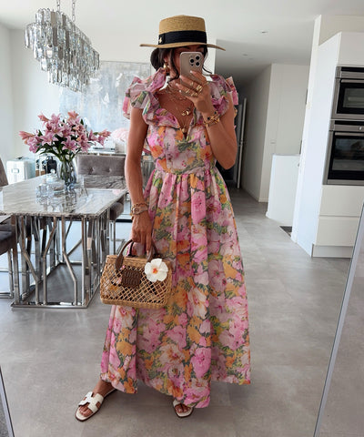 Baumwoll-Leinen-Kleid Amalia Blume Rosa Ladypolitan ♡