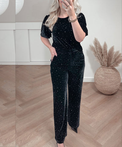 Samt Hose Pola mit Strass Schwarz
