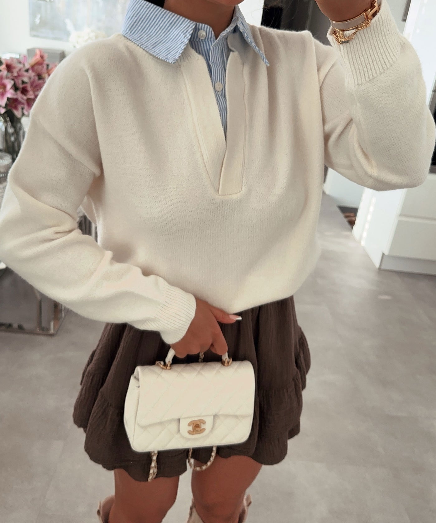 Pullover mit Bluseneinsatz Lissy Beige Ladypolitan ♡