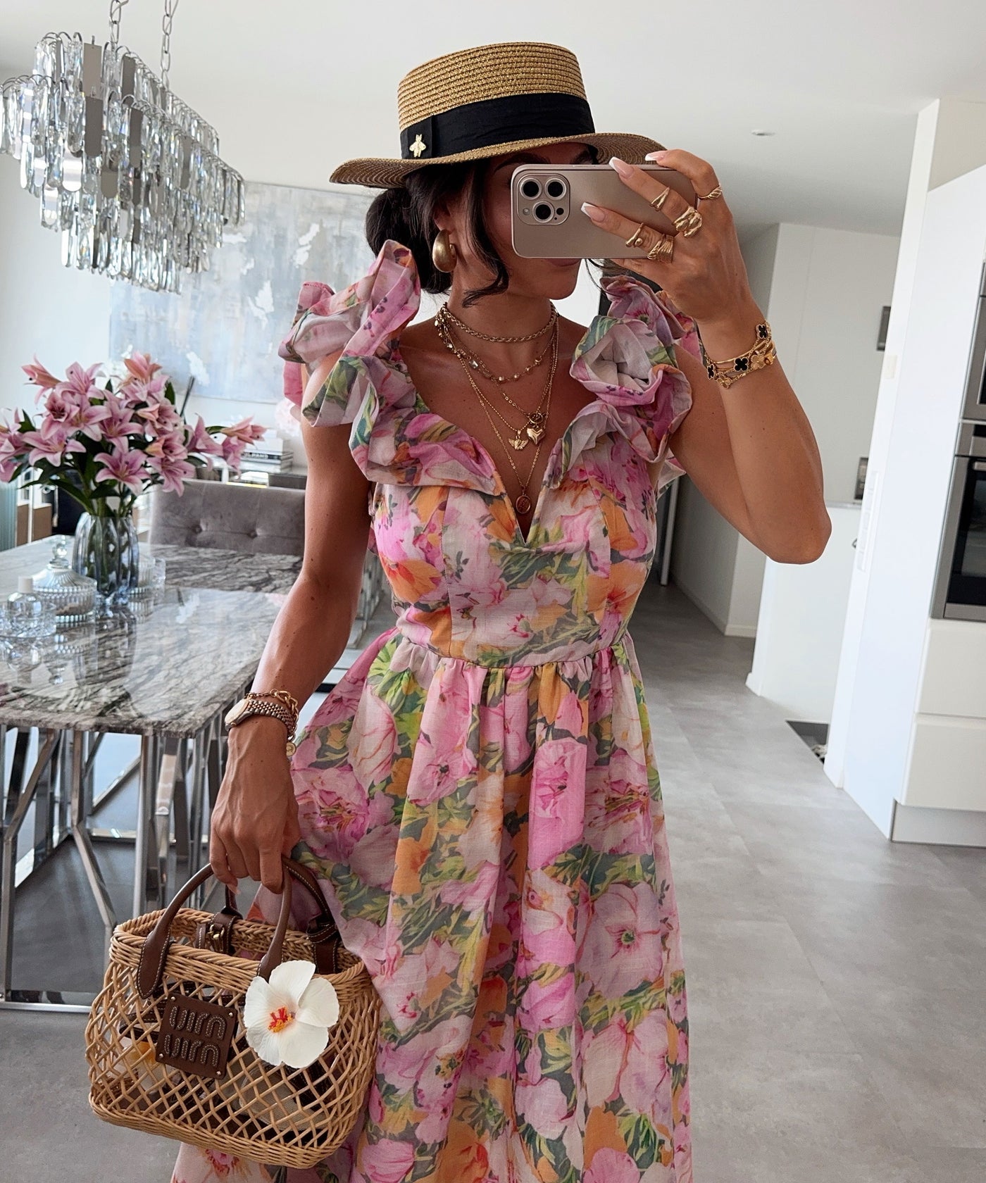 Baumwoll-Leinen-Kleid Amalia Blume Rosa Ladypolitan ♡