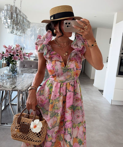 Baumwoll-Leinen-Kleid Amalia Blume Rosa Ladypolitan ♡