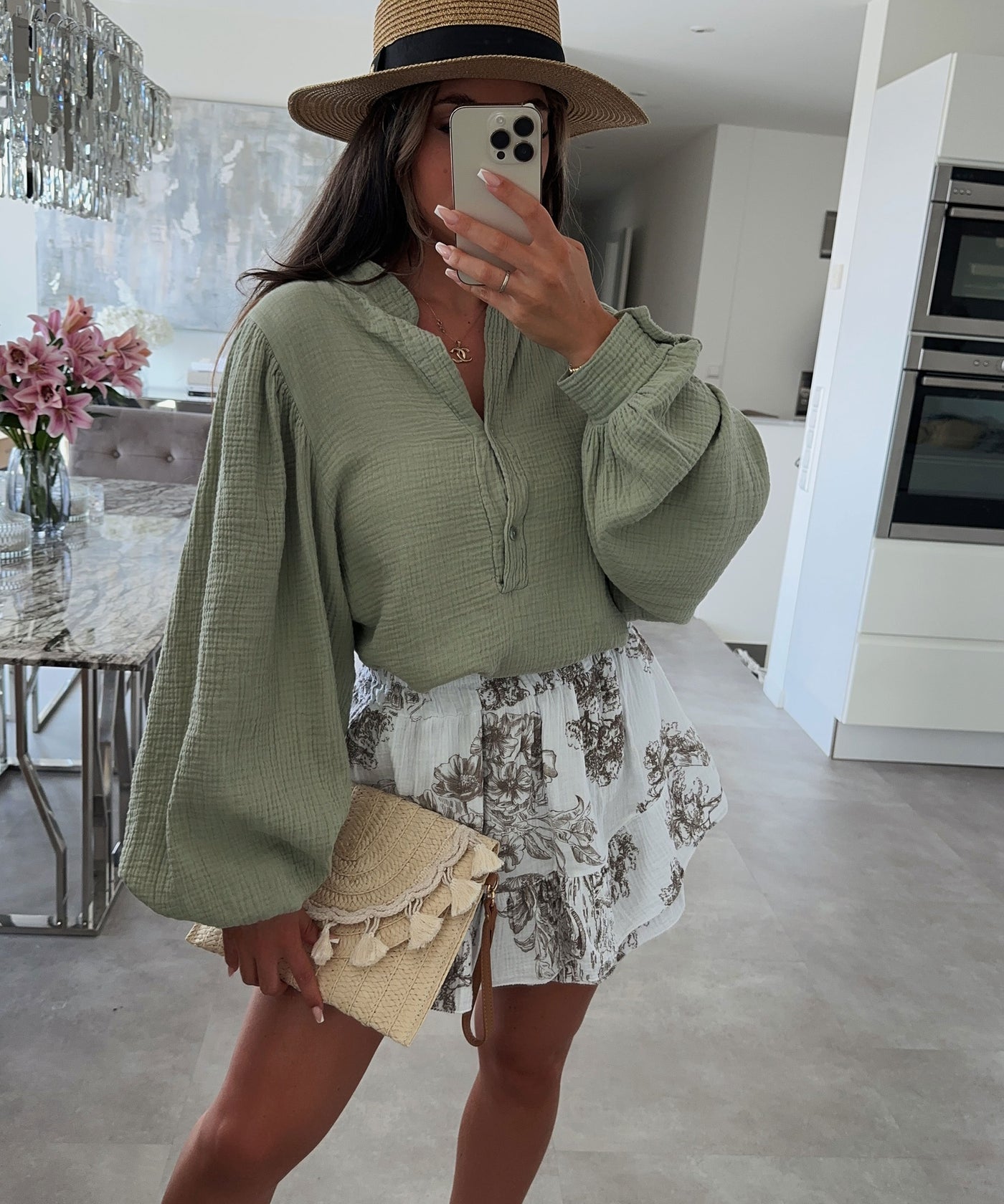 Musselin Bluse Puffärmel Matcha  Ladypolitan ♡   