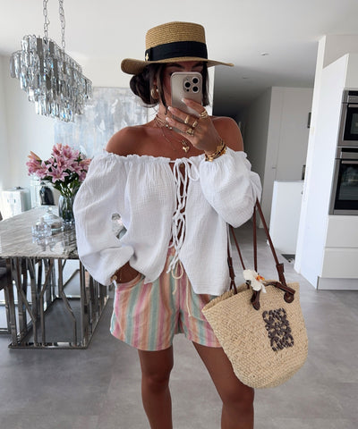 Schulterfreie Musselin Bluse Pita Weiß Ladypolitan ♡