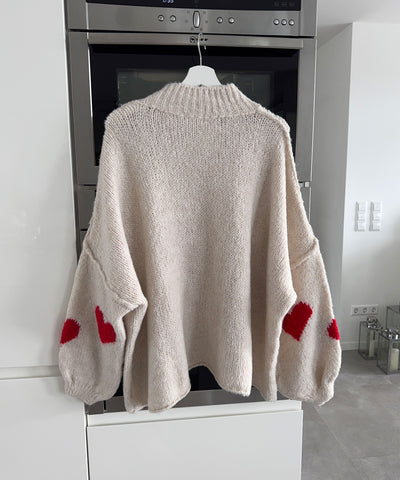 Oversize Pullover Nata Herz Beige Rot Ladypolitan ♡