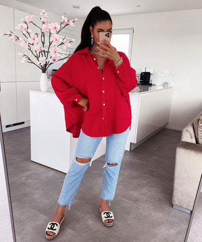 Oversize Musselin Bluse Freya Rot Kurz  Ladypolitan - Fashion Onlineshop für Damen   