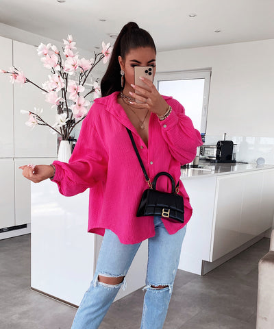 Oversize Musselin Bluse Freya Fuchsia Pink Kurz  Ladypolitan - Fashion Onlineshop für Damen   