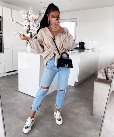 Oversize Musselin Bluse Freya Beige Kurz  Ladypolitan - Fashion Onlineshop für Damen   